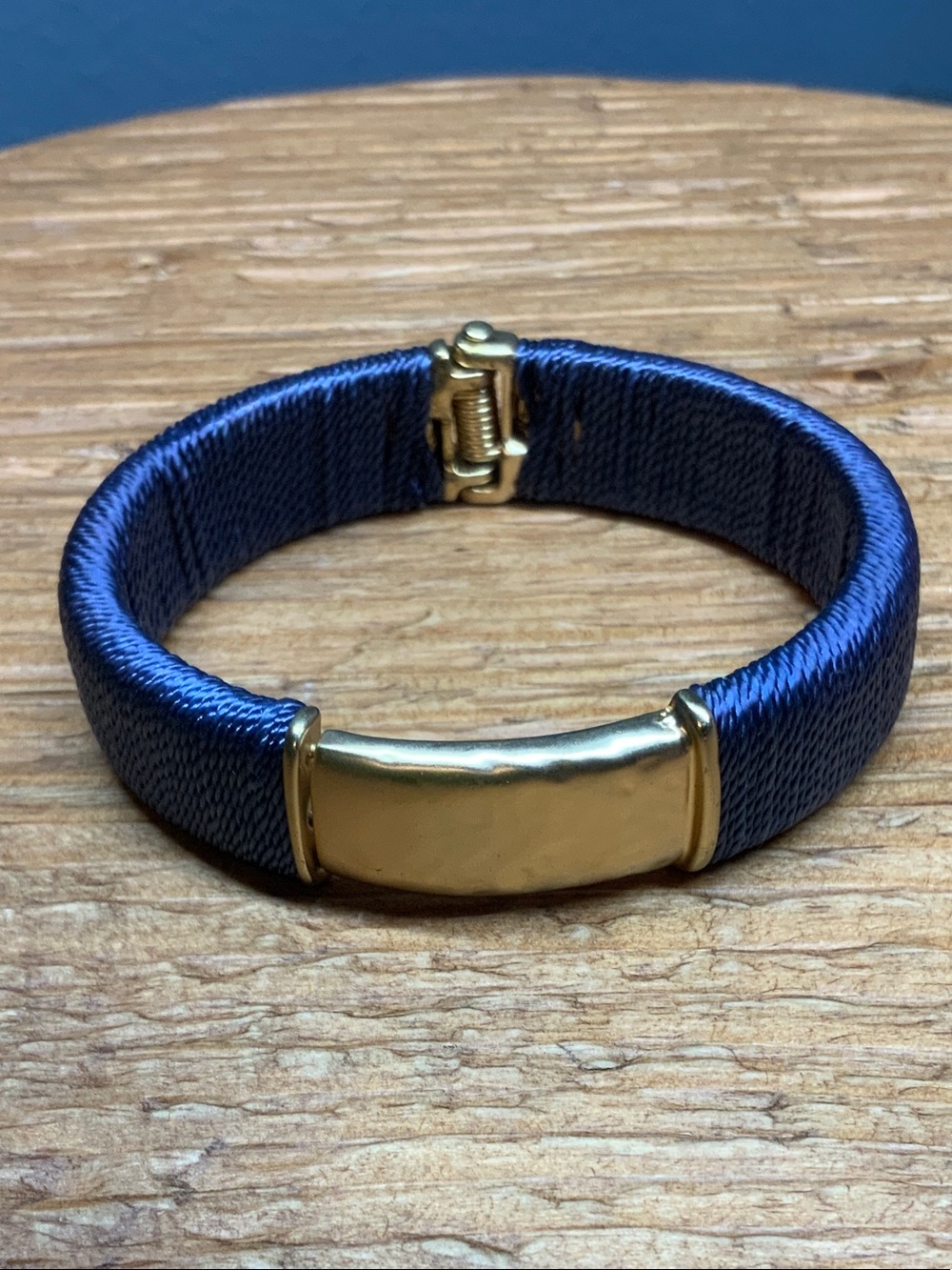Chico's Navy-Blue Thread Wrap Hammered Gold Accent Clamper Cuff Bracelet